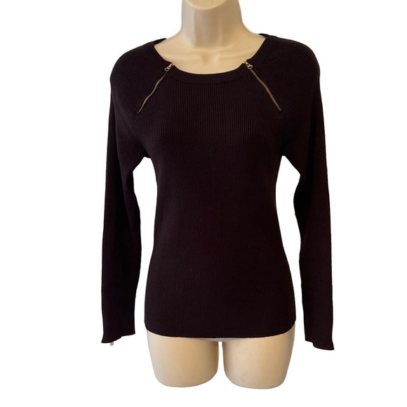 Carmen‎ Marc Valvo Brown Ribbed Stretch Fitted Sweater Petite Medium Pre-owned - Picture 1 of 8